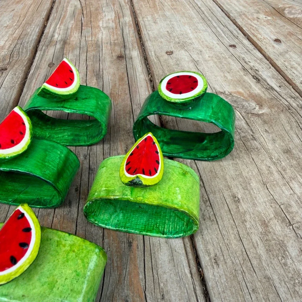 Handmade Watermelon Napkin Rings Set of 8 Green Red Summer Fruit Decor